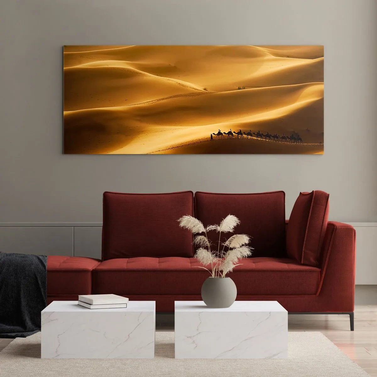 Impression sur verre - Image sur verre - Une caravane de chameaux errant à travers les dunes dorées du désert. - 140x50cm - Caravane sur les vagues du désert - Décoration murale moderne pour le salon et la chambre ARTTOR