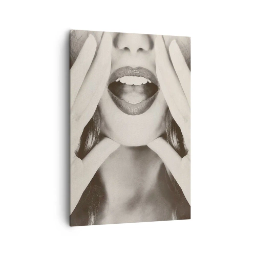 Impression sur toile - Image sur toile - Portrait noir et blanc d'une femme aux lèvres et aux mains expressives - 70x100cm - J'arrive! - Décoration murale moderne pour le salon et la chambre ARTTOR