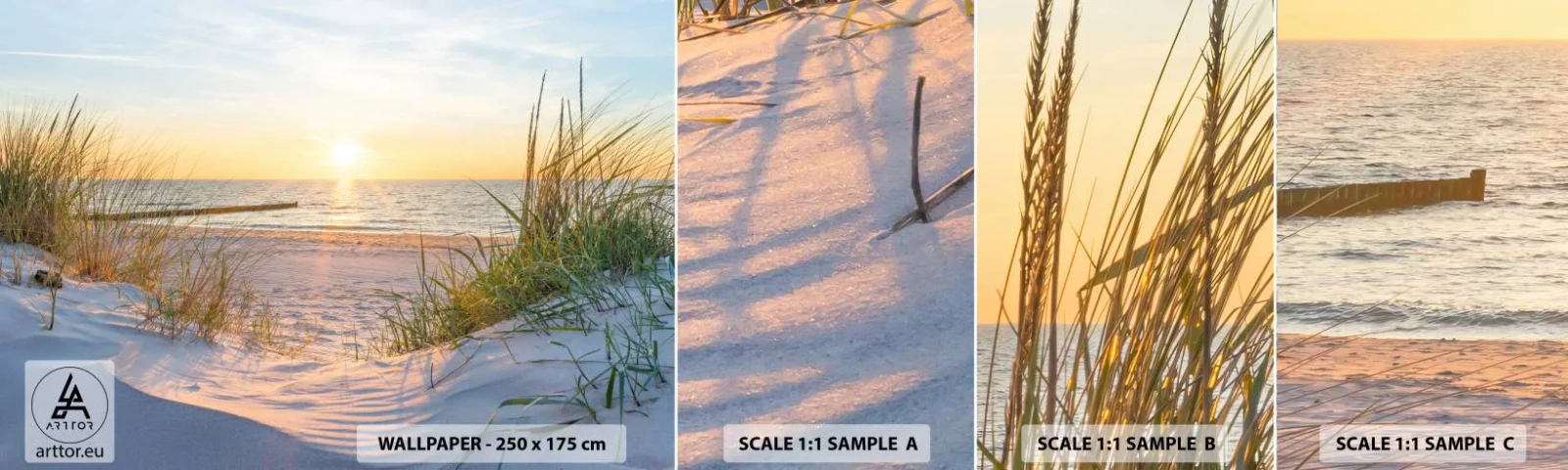 Échantillon de Papier Peint Autocollant Deluxe Sticker - Le bruit de la mer, le chant des oiseaux, une plage sauvage parmi les herbes… - Paysage, Mer, Dunes - 100x30 cm