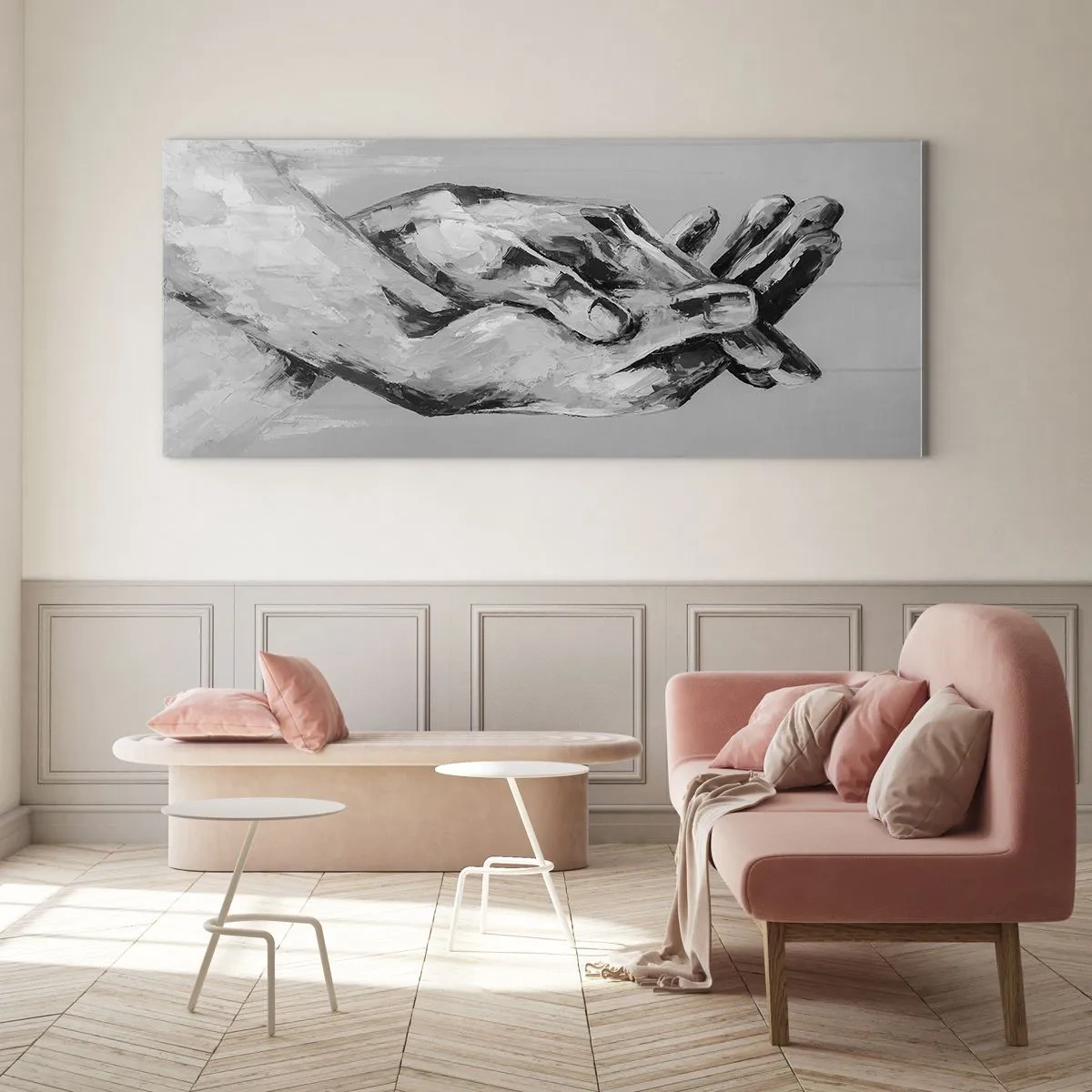 Impression sur verre - Image sur verre - Une composition en noir et blanc de deux mains jointes sur un fond clair. - 120x50cm - Début... - Décoration murale moderne pour le salon et la chambre ARTTOR