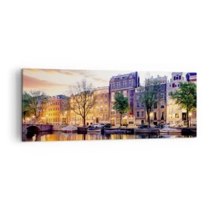 Impression sur toile - Image sur toile - Canal avec reflet des immeubles d'habitation dans la lumière du soir - 140x50cm - Beauté hollandaise sobre et sereine - Décoration murale moderne pour le salon et la chambre ARTTOR