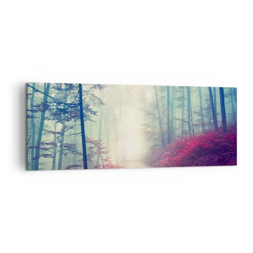 Impression sur toile - Image sur toile - Un sentier forestier magique entouré d'arbres et de brouillard - 140x50cm - Comme c'est bon de se lever à l'aube - Décoration murale moderne pour le salon et la chambre ARTTOR