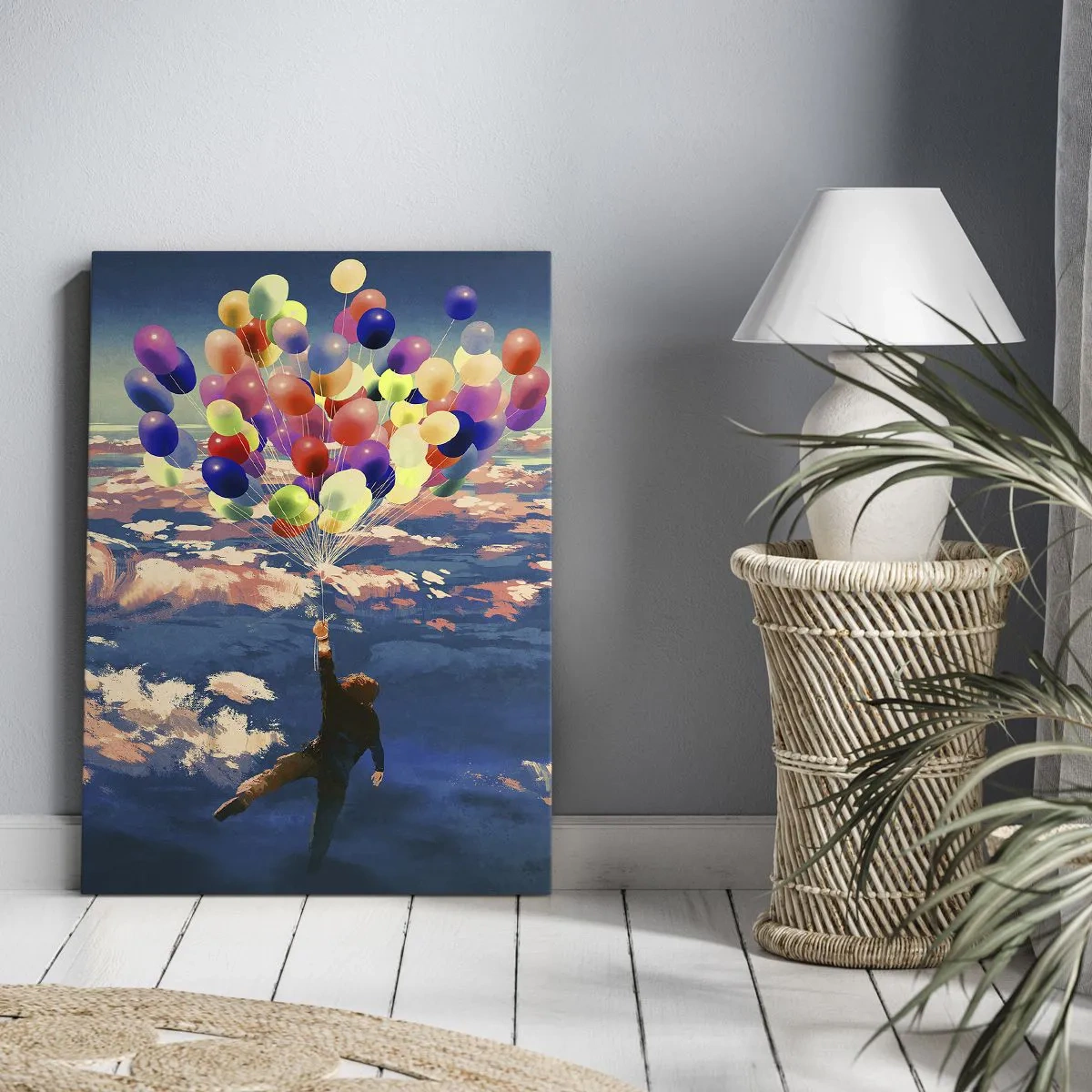 Impression sur toile - Image sur toile - Une silhouette flottant au-dessus des nuages avec des ballons colorés - 80x120cm - Un rêve d'enfant devenu réalité - Décoration murale moderne pour le salon et la chambre ARTTOR