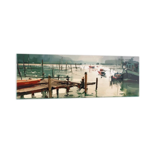 Impression sur verre - Image sur verre - Un port pittoresque avec des bateaux sur une eau calme - 160x50cm - Trempé dans une lune en fusion - Décoration murale moderne pour le salon et la chambre ARTTOR