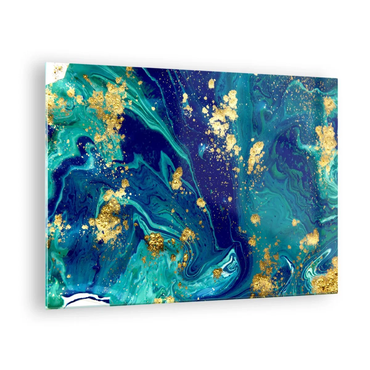 Impression sur verre - Image sur verre - Un motif abstrait dans des tons turquoise et bleu marine avec des accents dorés - 70x50cm - Les pétales du soleil - Décoration murale moderne pour le salon et la chambre ARTTOR