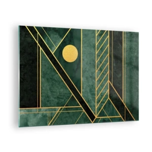 Impression sur verre - Image sur verre - Abstraction géométrique verte et dorée dans le style Art Déco - 70x50cm - Dynamique or et azur - Décoration murale moderne pour le salon et la chambre ARTTOR