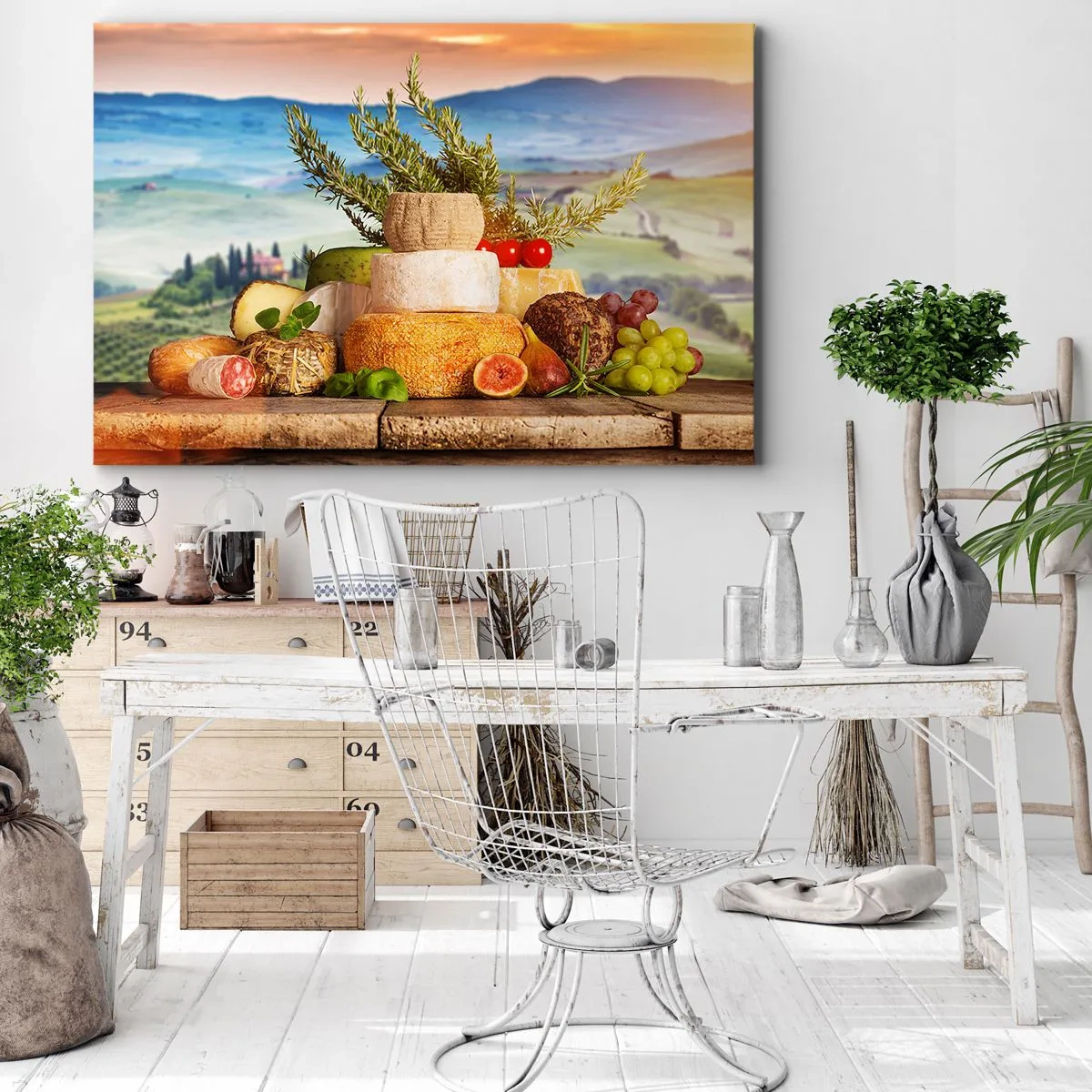 Impression sur toile - Image sur toile - Une composition de fromages et de fruits sur fond de paysage toscan - 120x80cm - La joie de vivre à l'italienne - Décoration murale moderne pour le salon et la chambre ARTTOR