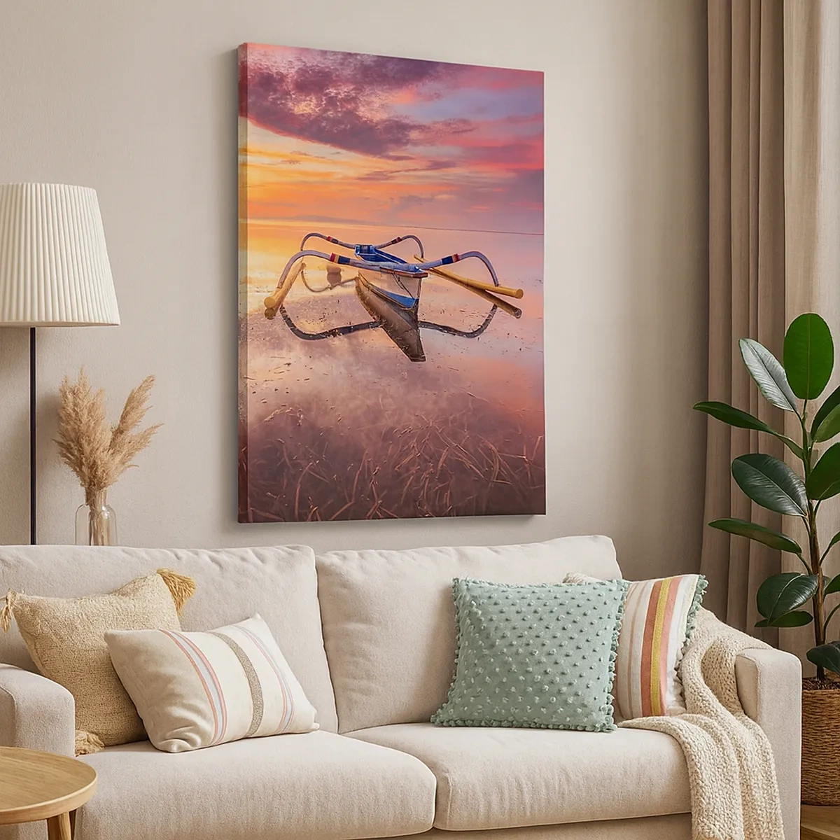 Impression sur toile - Image sur toile - Un bateau sur une eau calme au coucher du soleil - 50x70cm - Le calme d'une soirée tropicale - Décoration murale moderne pour le salon et la chambre ARTTOR