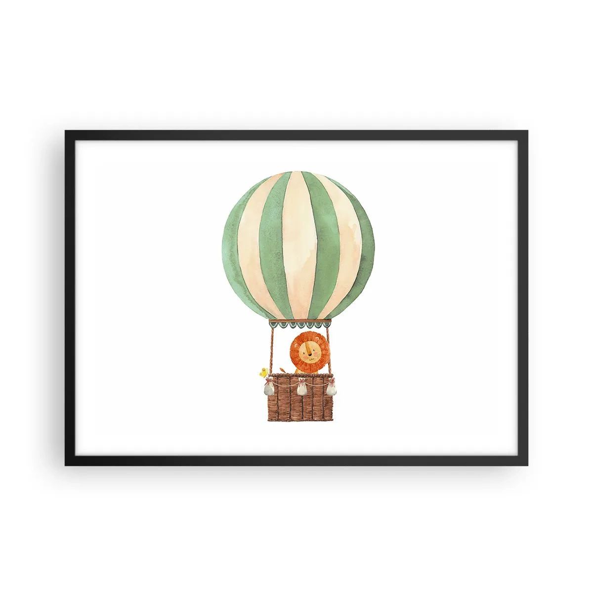 Affiche dans un cadre noir - Poster - Un ballon avec un lion souriant dans un panier aux couleurs pastel - 70x50cm - Les voyages de Léon - Décoration murale moderne pour le salon et la chambre ARTTOR