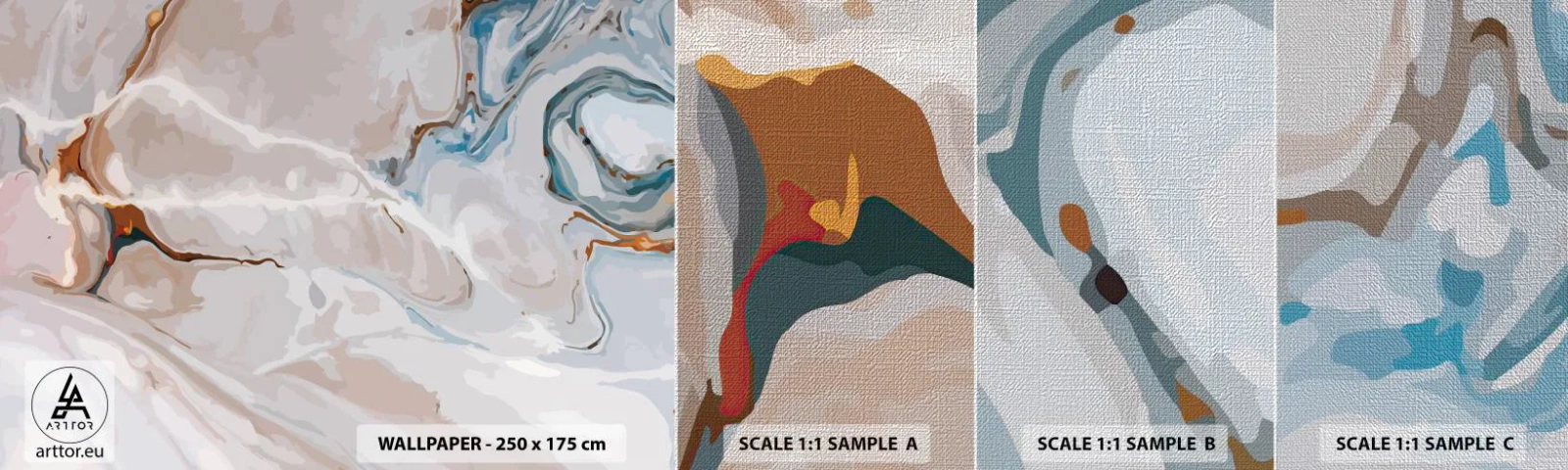 Échantillon de Papier Peint Premium Canvas - Le bleu serpente sous le blanc - Abstraction, Morceau, Modèle moderne - 100x30 cm