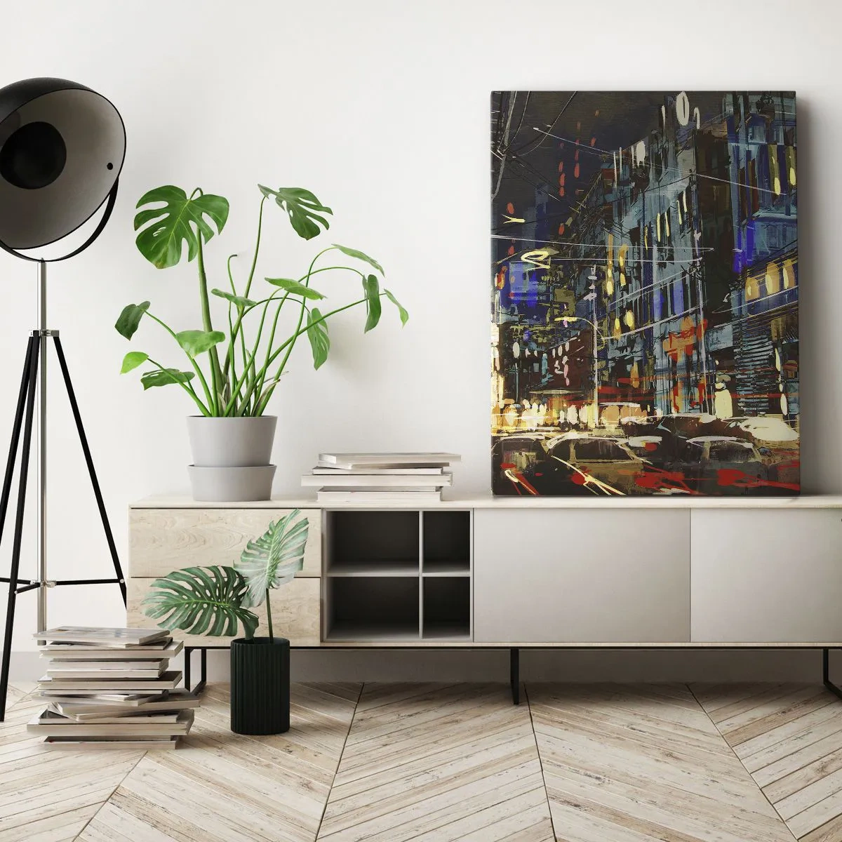 Impression sur toile - Image sur toile - Scène nocturne de la ville avec des néons - 80x120cm - L'agitation de la rue en soirée - Décoration murale moderne pour le salon et la chambre ARTTOR