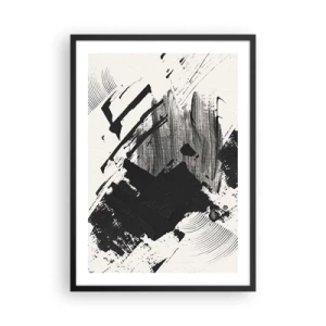 Affiche dans un cadre noir - Poster - Coups de pinceau abstraits en noir et blanc - 50x70cm - Abstraction – expression du noir - Décoration murale moderne pour le salon et la chambre ARTTOR