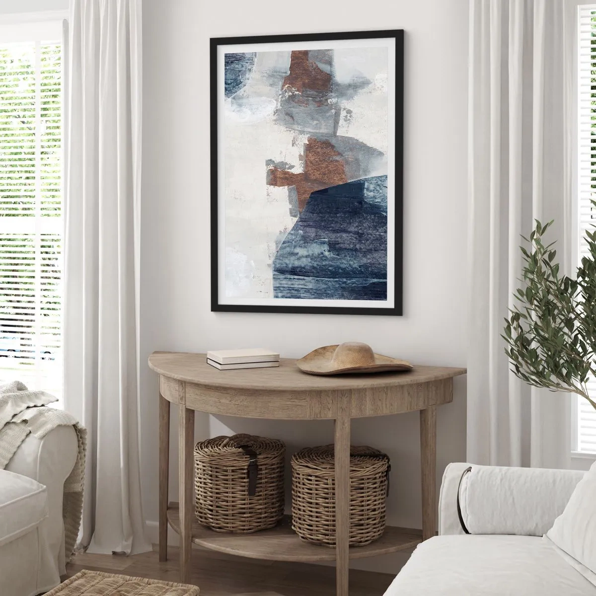 Affiche dans un cadre noir - Poster - Abstraction moderne dans les tons de marron et de bleu marine - 50x70cm - Formes bleues et brunes - Décoration murale moderne pour le salon et la chambre ARTTOR