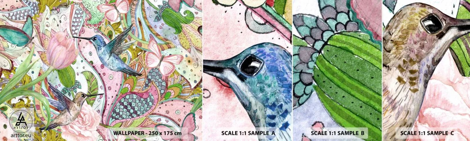 Échantillon De Papier Peint Standard Eco - Empêtré dans les vignes - Fleurs, Oiseau, Papillon - 100x30 cm