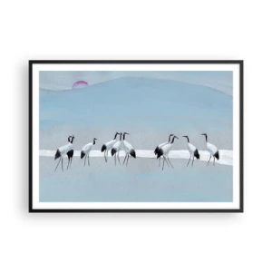 Affiche dans un cadre noir - Poster - Un groupe de grues contre un ciel bleu et le soleil levant - 100x70cm - Après une chaude journée - Décoration murale moderne pour le salon et la chambre ARTTOR