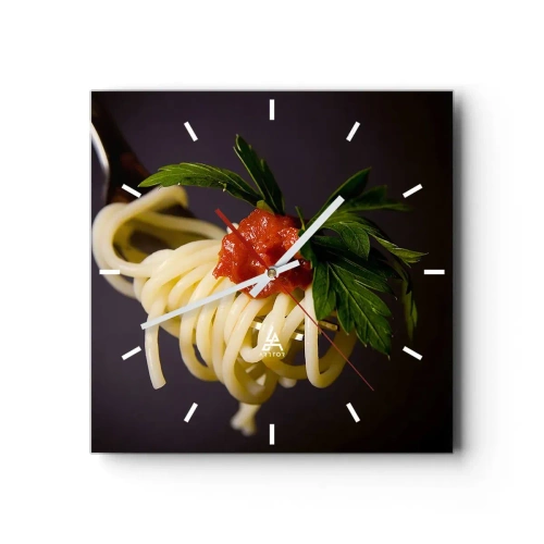 Horloge murale - Pendule murale - Spaghettis à la fourchette avec sauce tomate et persil - 30x30cm - Une bouchée savoureuse - Décoration murale moderne pour le salon et la chambre ARTTOR