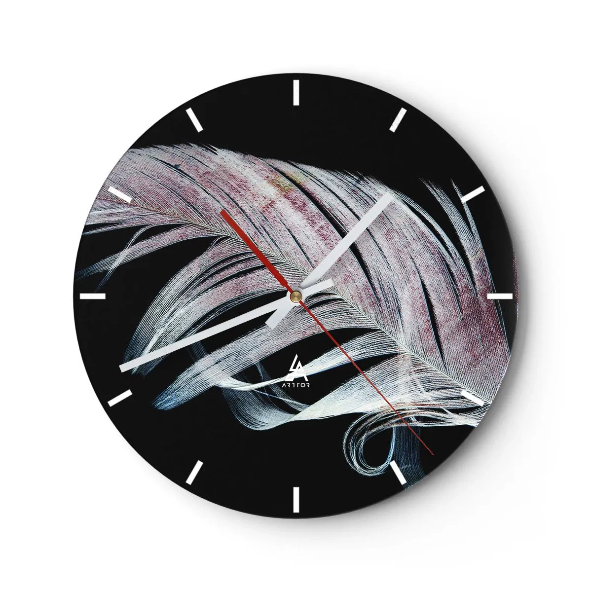 Horloge murale - Pendule murale - Une plume délicate aux couleurs pastel sur fond noir - 30x30cm - Pensez au toucher - Décoration murale moderne pour le salon, la cuisine et la chambre ARTTOR