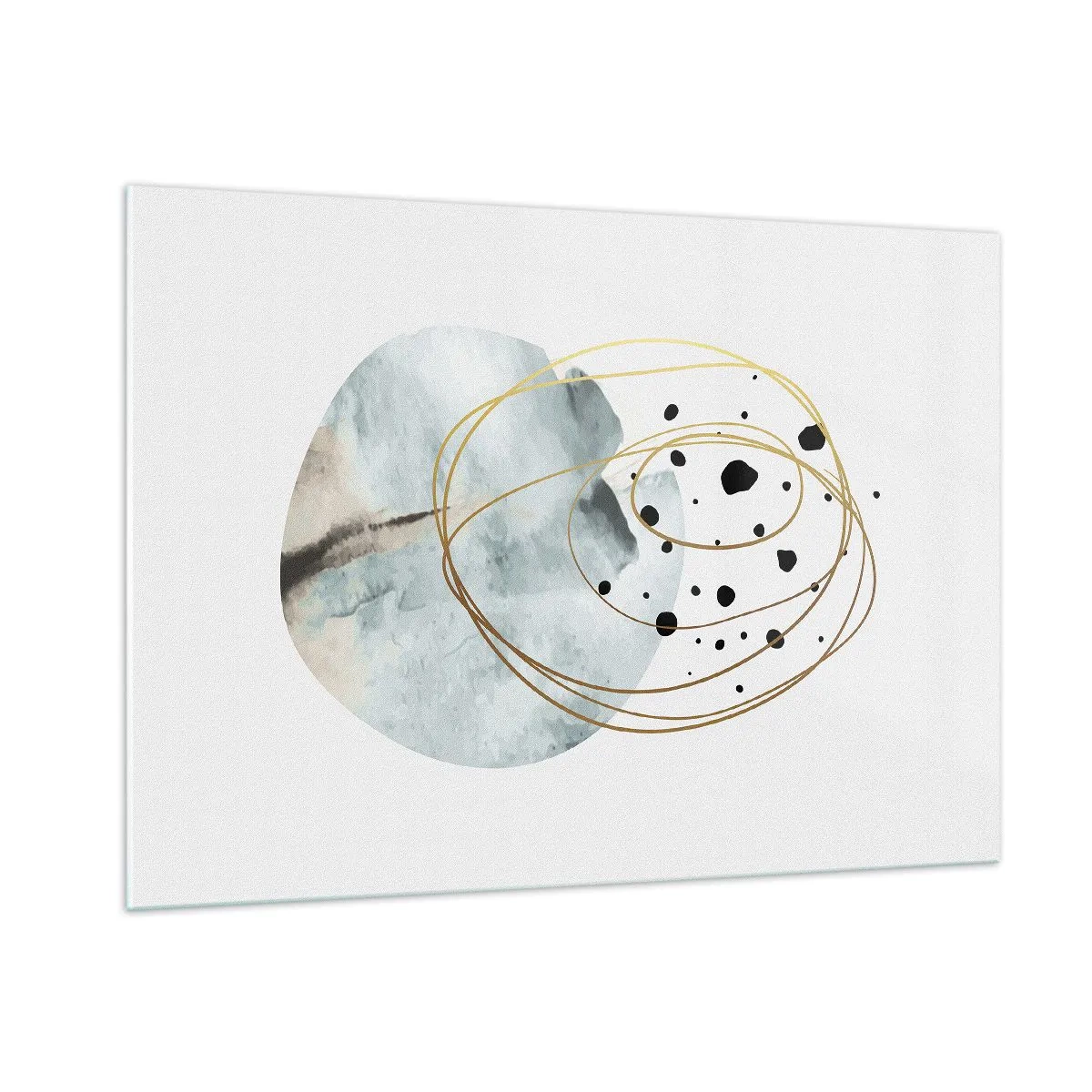 Impression sur verre - Image sur verre - Composition abstraite avec une tache bleue et des lignes dorées - 100x70cm - Emmêlement de l'espace - Décoration murale moderne pour le salon et la chambre ARTTOR