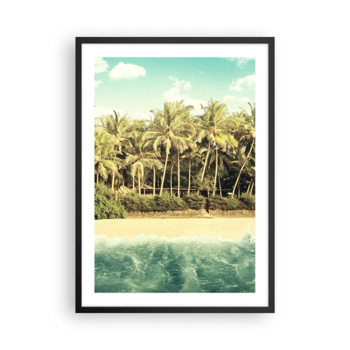 Affiche dans un cadre noir - Poster - Plage tropicale avec palmiers et eaux azurées - 50x70cm - Peut-être ici? - Décoration murale moderne pour le salon et la chambre ARTTOR