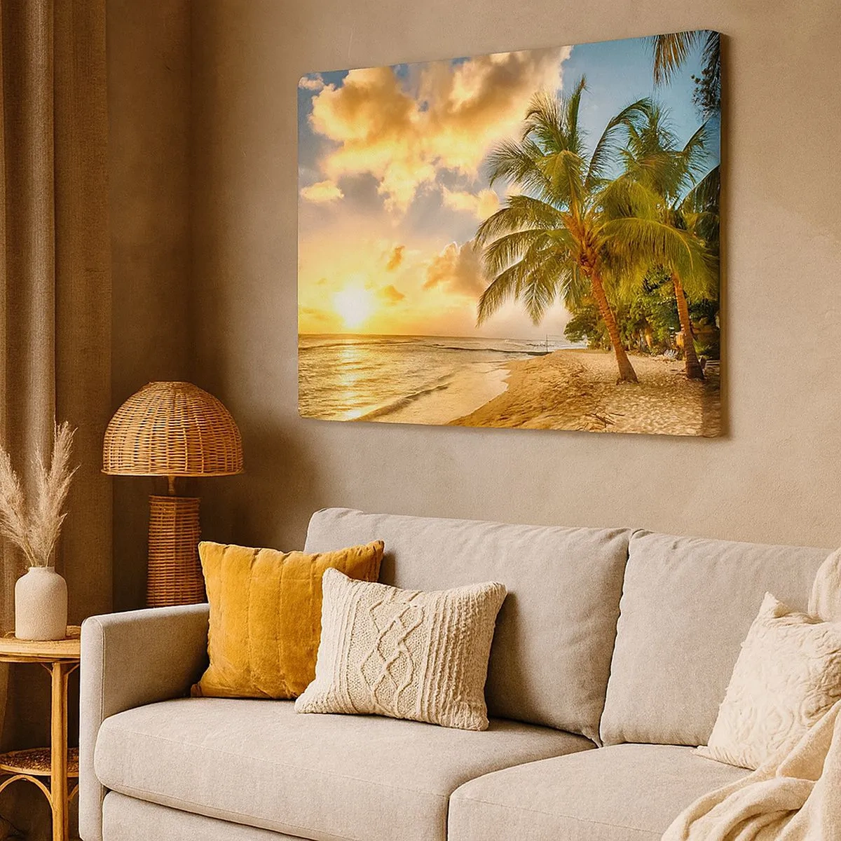 Impression sur toile - Image sur toile - Plage avec palmiers et coucher de soleil sur l'océan - 70x50cm - Été éternel, toujours des vacances - Décoration murale moderne pour le salon et la chambre ARTTOR