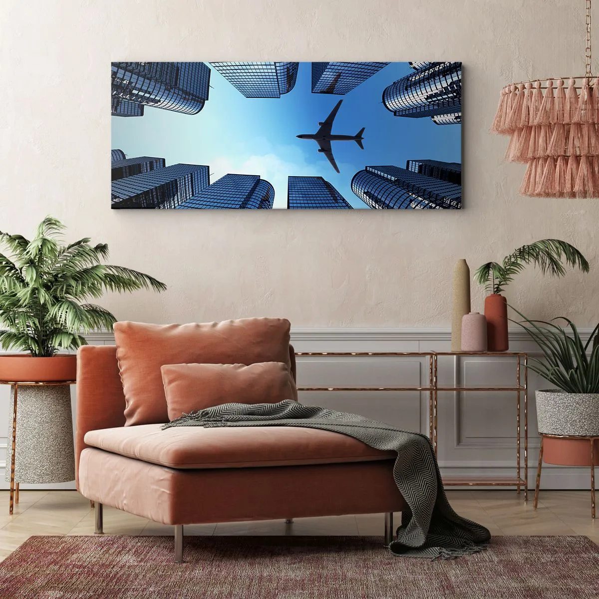 Impression sur toile - Image sur toile - Un avion survolant des gratte-ciels modernes dans le centre-ville. - 120x50cm - La vue depuis le ravin de verre - Décoration murale moderne pour le salon et la chambre ARTTOR