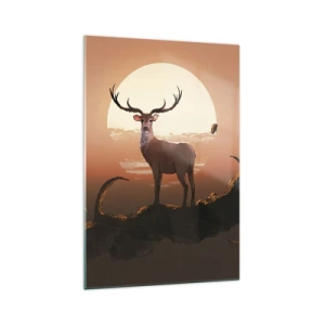 Impression sur verre - Image sur verre - Un cerf sur fond de soleil couchant et un paysage surréaliste - 70x100cm - Cette nuit ne ressemble à aucune autre - Décoration murale moderne pour le salon et la chambre ARTTOR