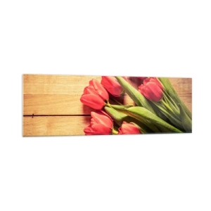 Impression sur verre - Image sur verre - Un bouquet de tulipes roses sur un fond en bois - 160x50cm - Défi du printemps - Décoration murale moderne pour le salon et la chambre ARTTOR