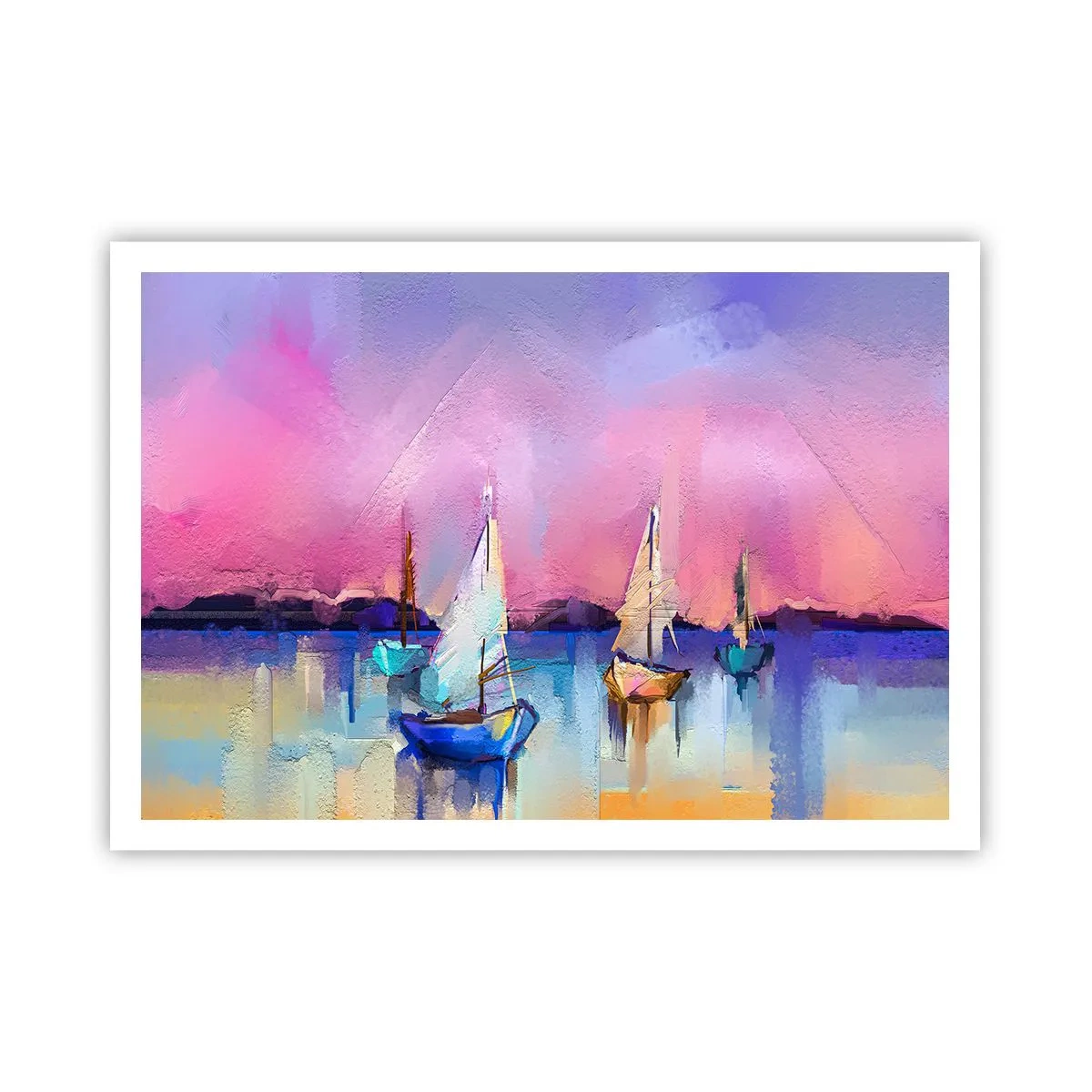 Affiche - Poster - Voiliers sur une mer calme aux couleurs pastel du coucher de soleil - 100x70cm - Direction: les eaux larges - Décoration murale moderne pour le salon et la chambre ARTTOR