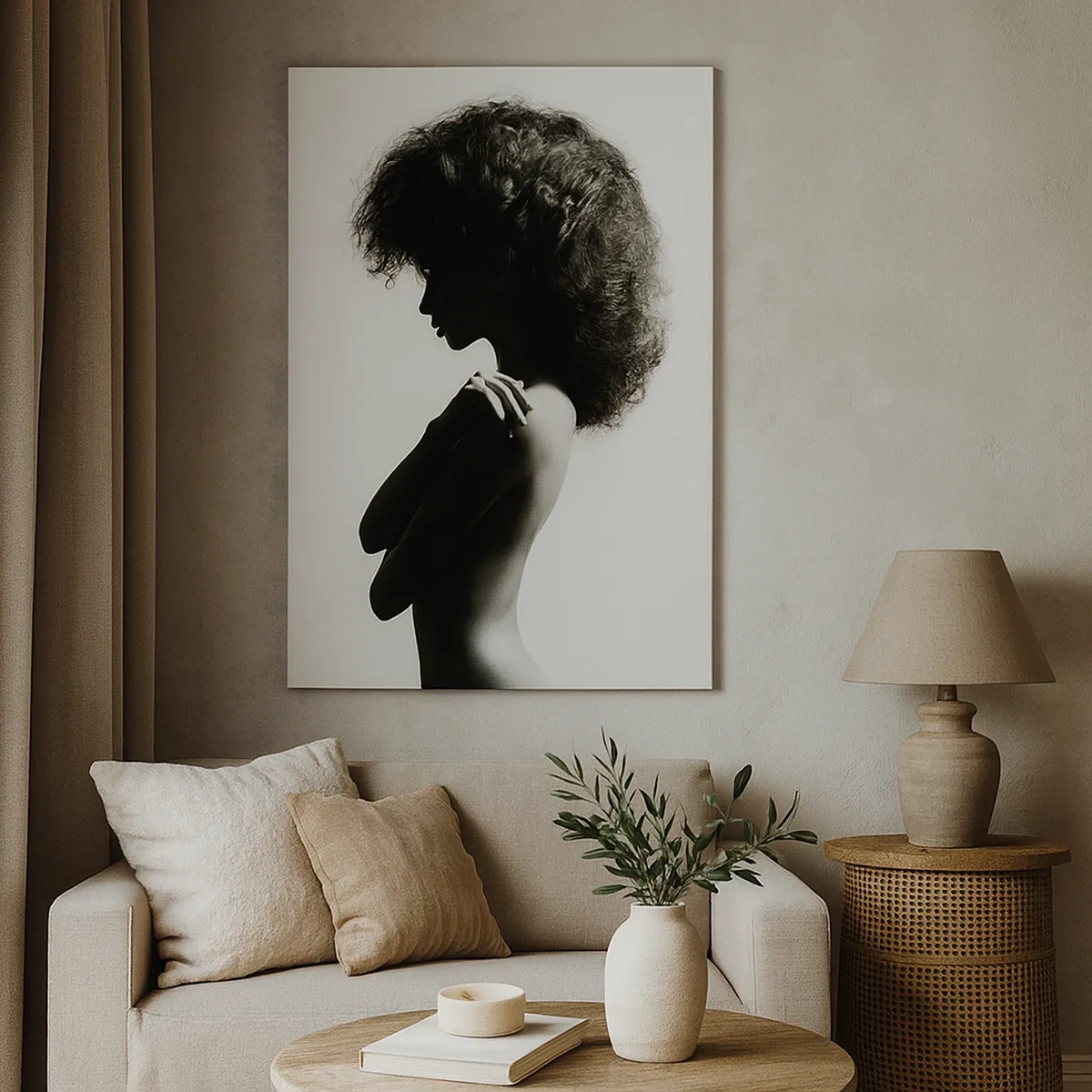 Impression sur toile - Image sur toile - Une silhouette subtile d'une femme dans des tons noirs et blancs sur un fond clair - 50x70cm - Comme une fleur au bout d'une fine tige - Décoration murale moderne pour le salon et la chambre ARTTOR