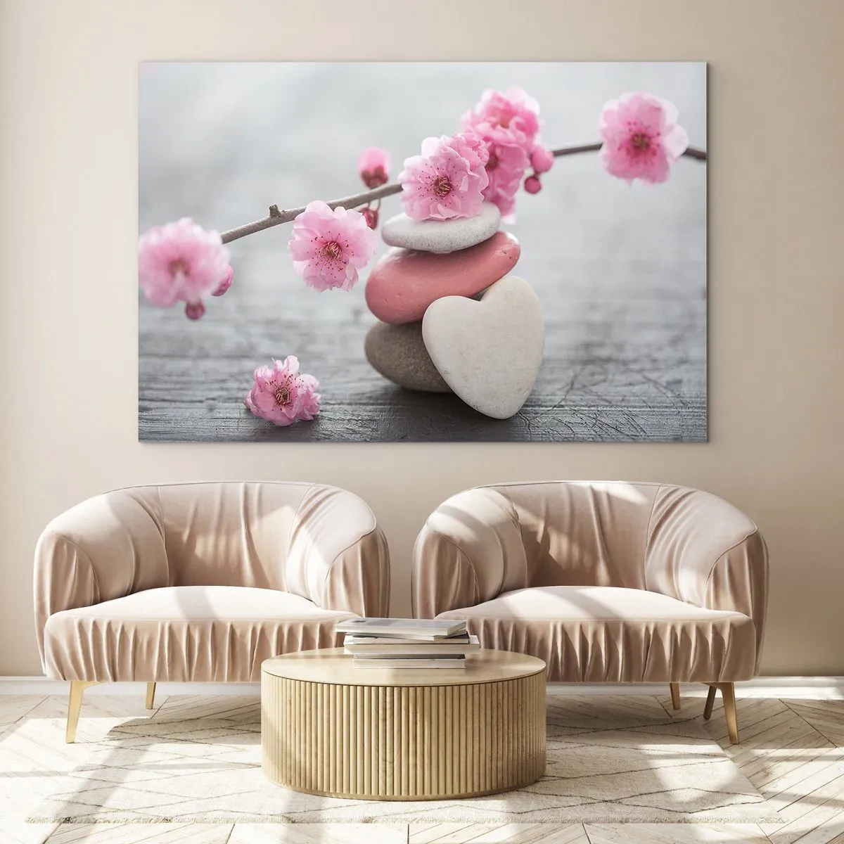 Impression sur verre - Image sur verre - Fleurs de cerisier roses et pierres en forme de cœur - 100x70cm - Le bonheur avec une fleur de cerisier - Décoration murale moderne pour le salon et la chambre ARTTOR