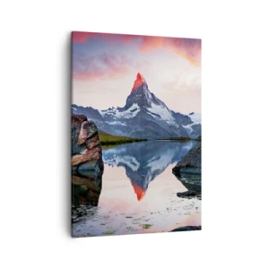 Impression sur toile - Image sur toile - Un sommet de montagne se reflétant dans un lac au coucher du soleil - 50x70cm - Le coeur des montagnes est chaud - Décoration murale moderne pour le salon et la chambre ARTTOR