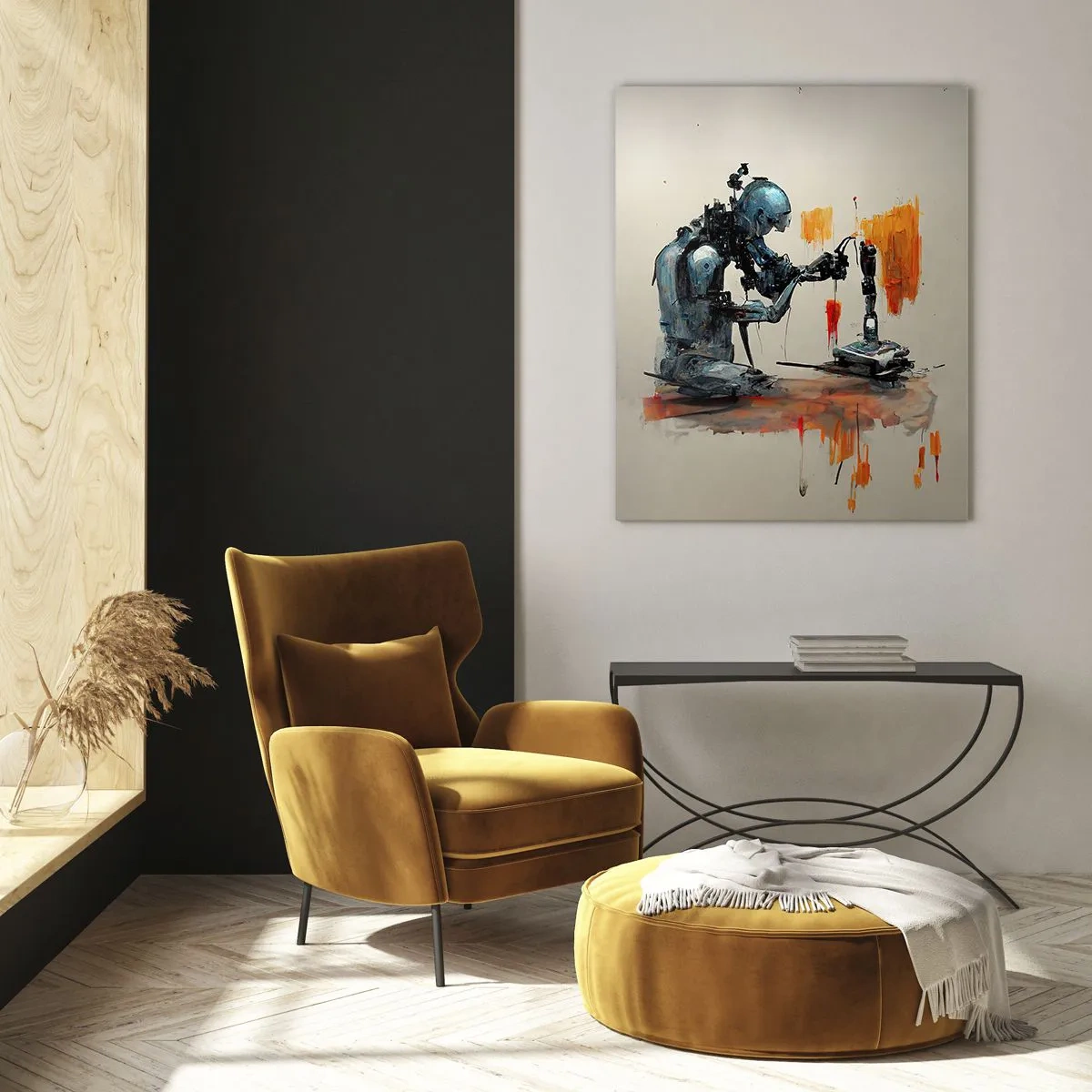 Impression sur verre - Image sur verre - Un robot peignant une main mécanique sur un fond abstrait. - 50x70cm - Déjà demain… - Décoration murale moderne pour le salon et la chambre ARTTOR