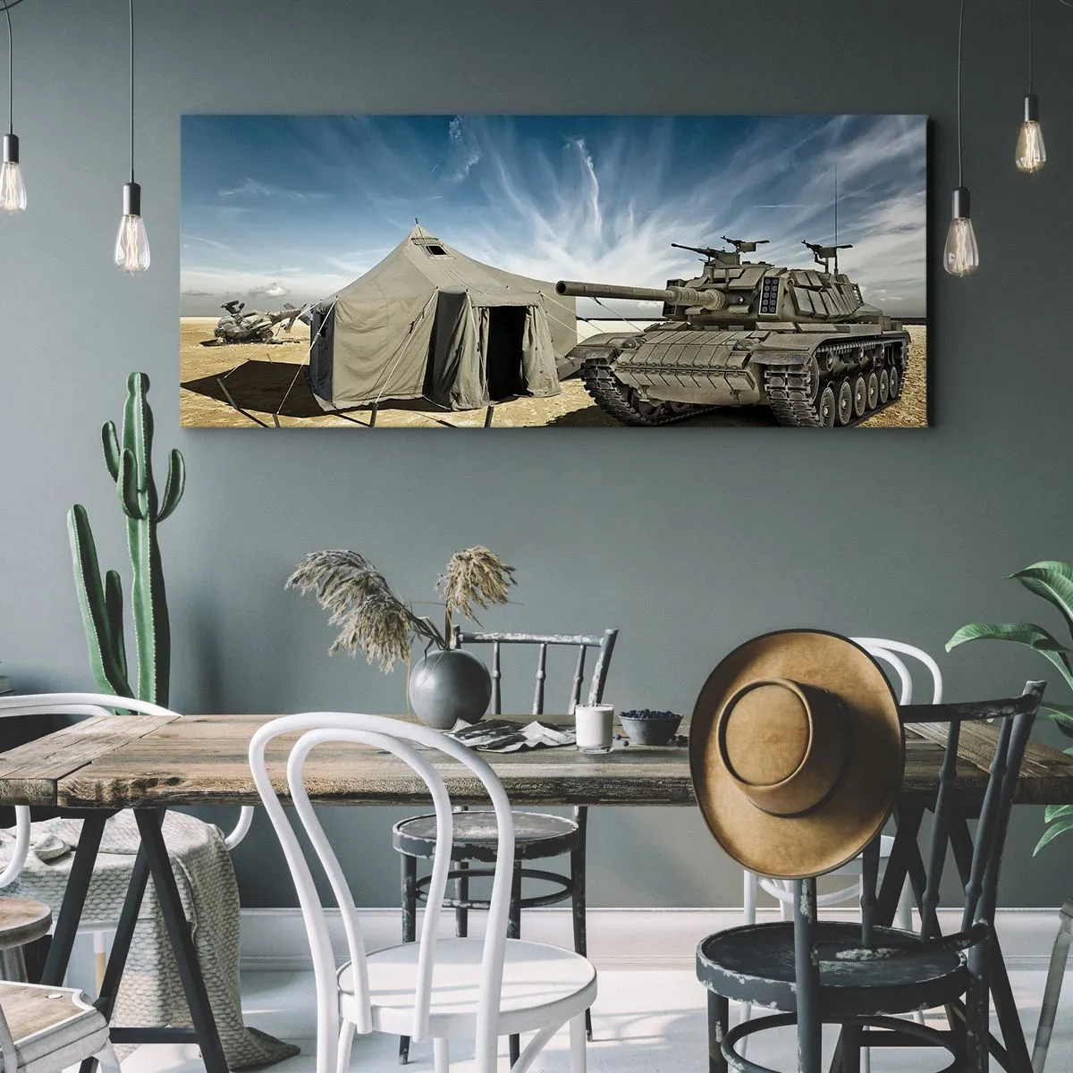 Impression sur toile - Image sur toile - Un char à côté d'une tente militaire dans une zone désertique - 140x50cm - Un rêve militaire - Décoration murale moderne pour le salon et la chambre ARTTOR