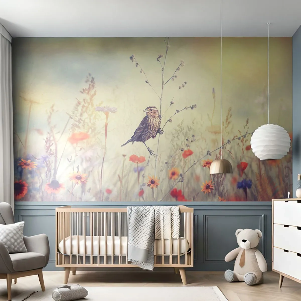 Papier Peint Photo Premium Sand - Un oiseau sur une branche dans une prairie fleurie dans la douce lumière - 100x70cm - Portrait d'oiseau sur pré en fond - Décoration murale moderne pour le salon et la chambre ARTTOR