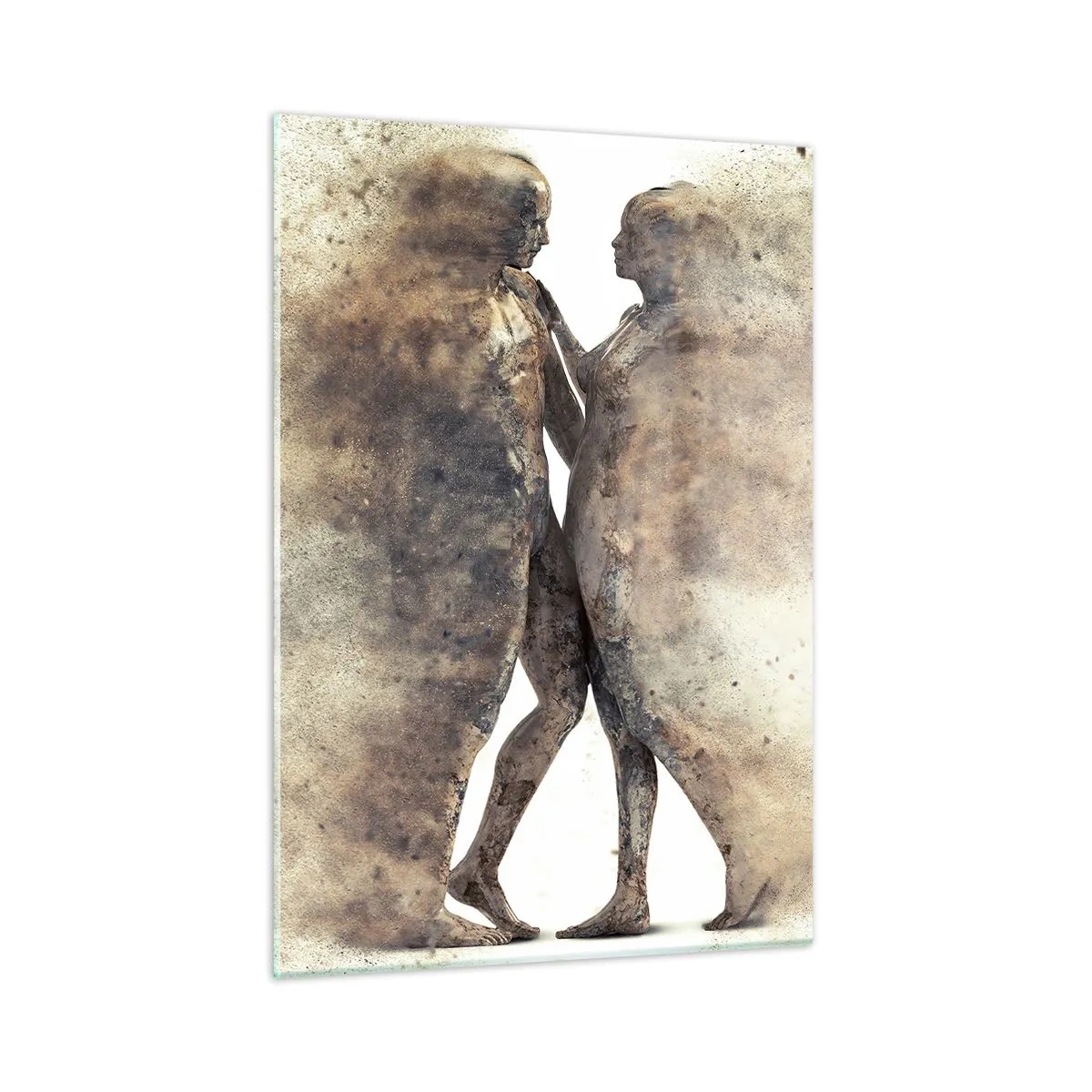 Impression sur verre - Image sur verre - Silhouettes abstraites de deux personnages dans un style poussiéreux - 50x70cm - Ils sont sortis de la poussière pour aimer - Décoration murale moderne pour le salon et la chambre ARTTOR