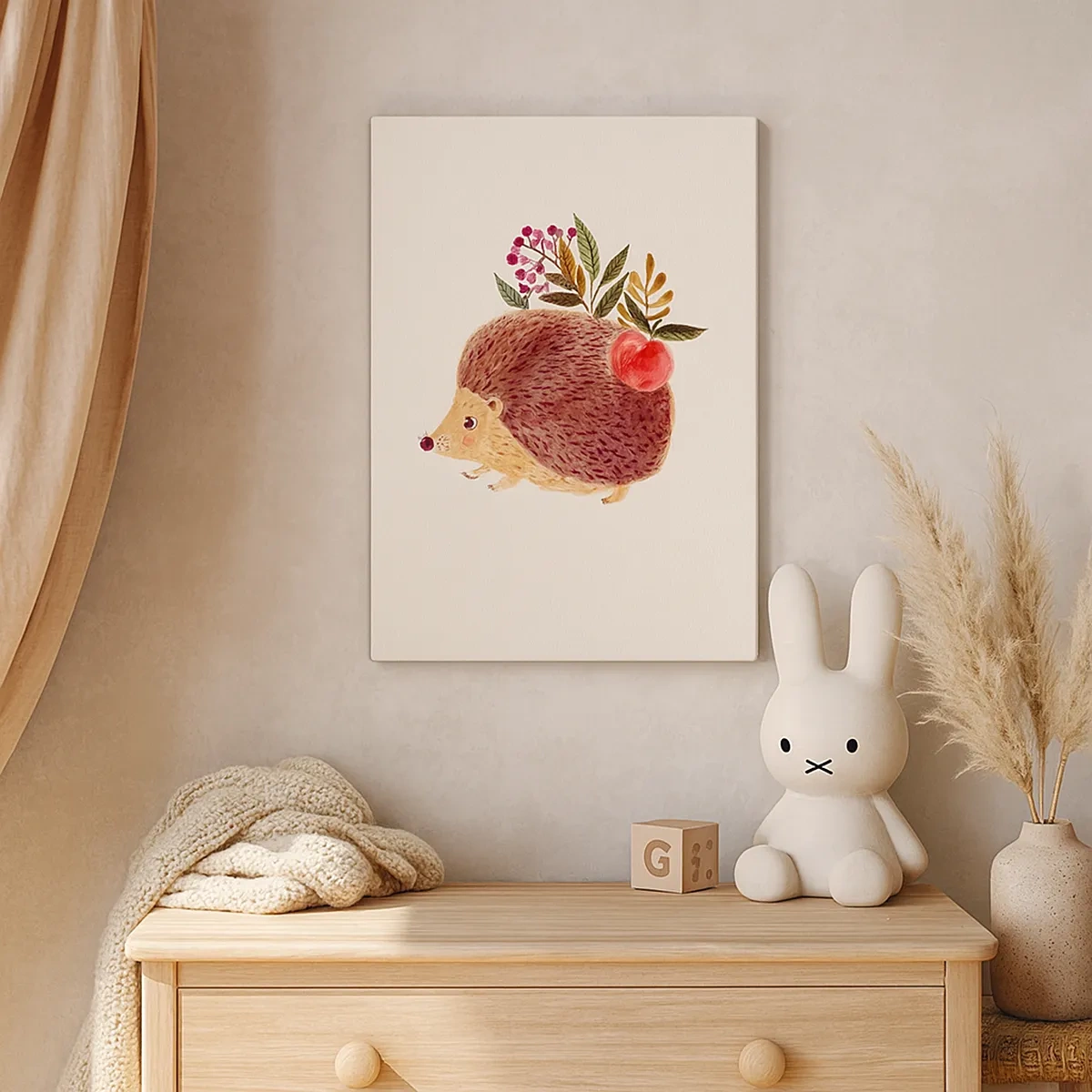 Impression sur toile - Image sur toile - Un hérisson mignon avec une pomme et des plantes dans un style illustratif - 50x70cm - Et tu m’apprécies déjà - Décoration murale moderne pour le salon et la chambre ARTTOR