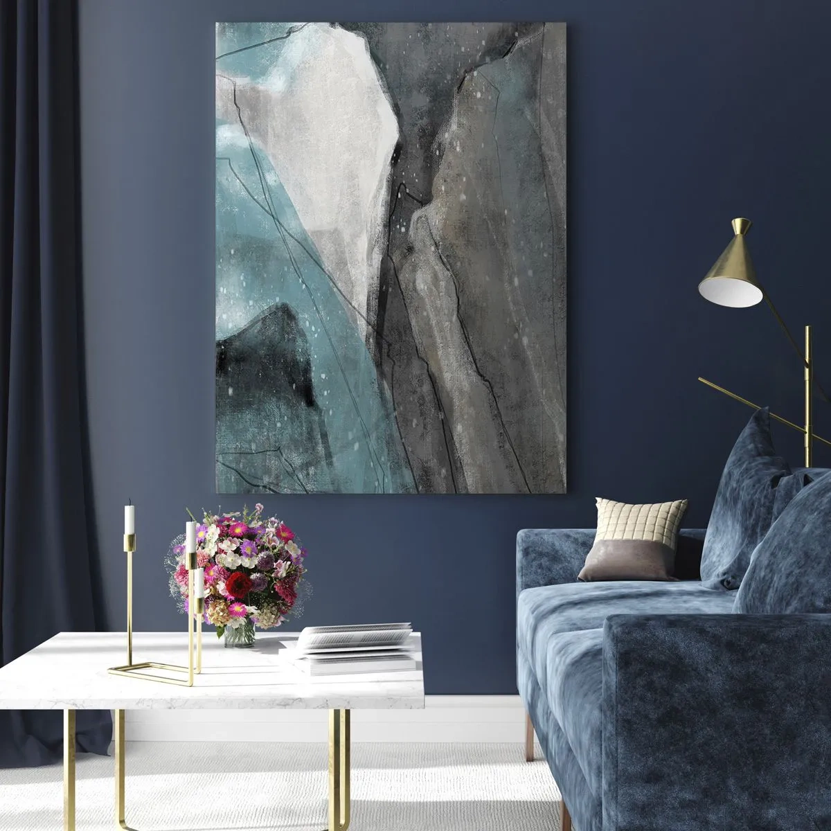 Impression sur verre - Image sur verre - Composition abstraite dans les tons de gris et de bleu - 80x120cm - Résumé : roches et glace - Décoration murale moderne pour le salon et la chambre ARTTOR