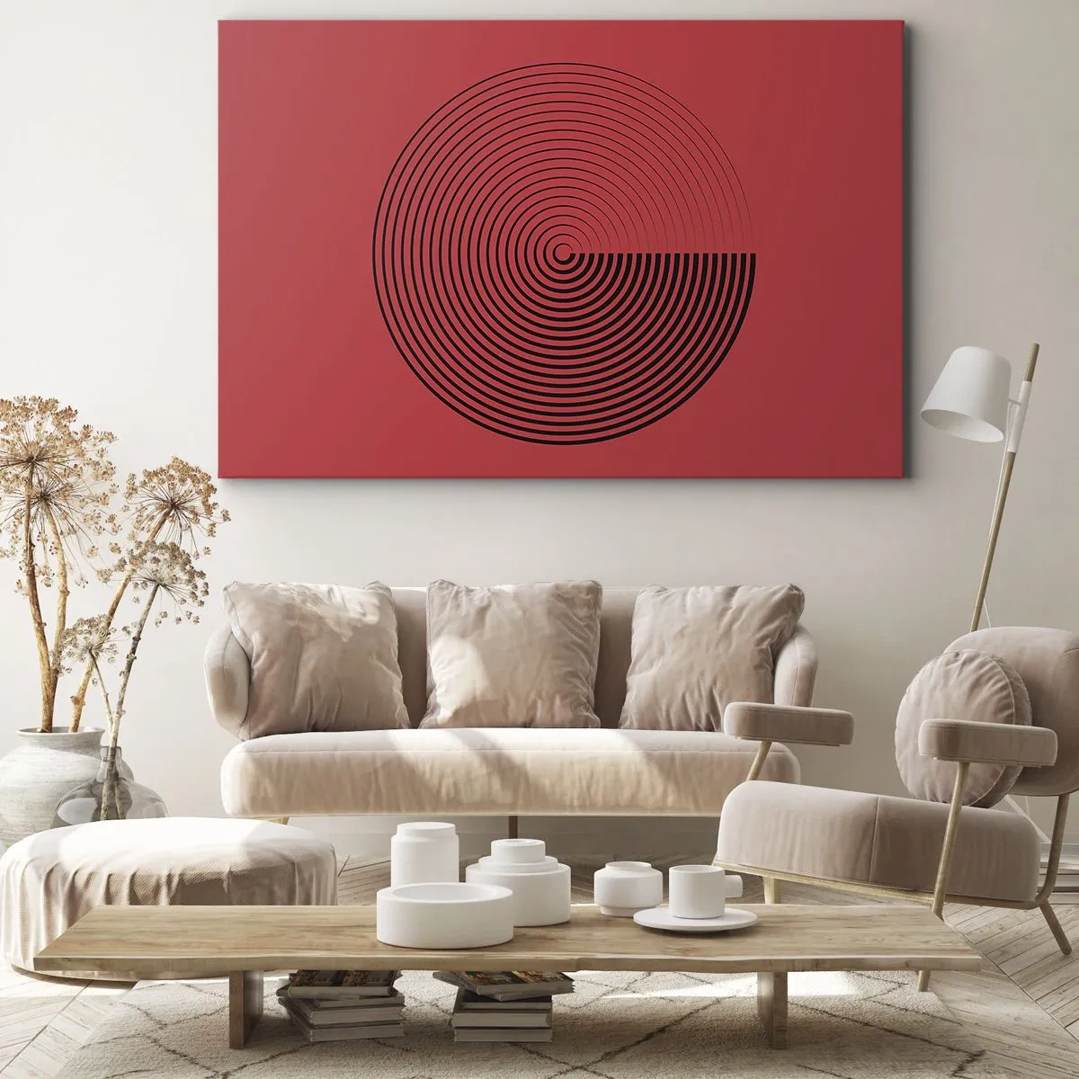 Impression sur toile - Image sur toile - Cercles concentriques sur fond rouge - 70x50cm - Mouvement circulaire - Décoration murale moderne pour le salon et la chambre ARTTOR