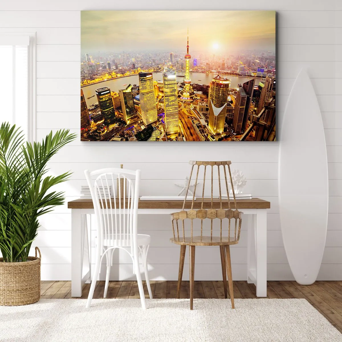 Impression sur toile - Image sur toile - Panorama de la ville avec des gratte-ciels au coucher du soleil - 120x80cm - Rêve asiatique - Décoration murale moderne pour le salon et la chambre ARTTOR