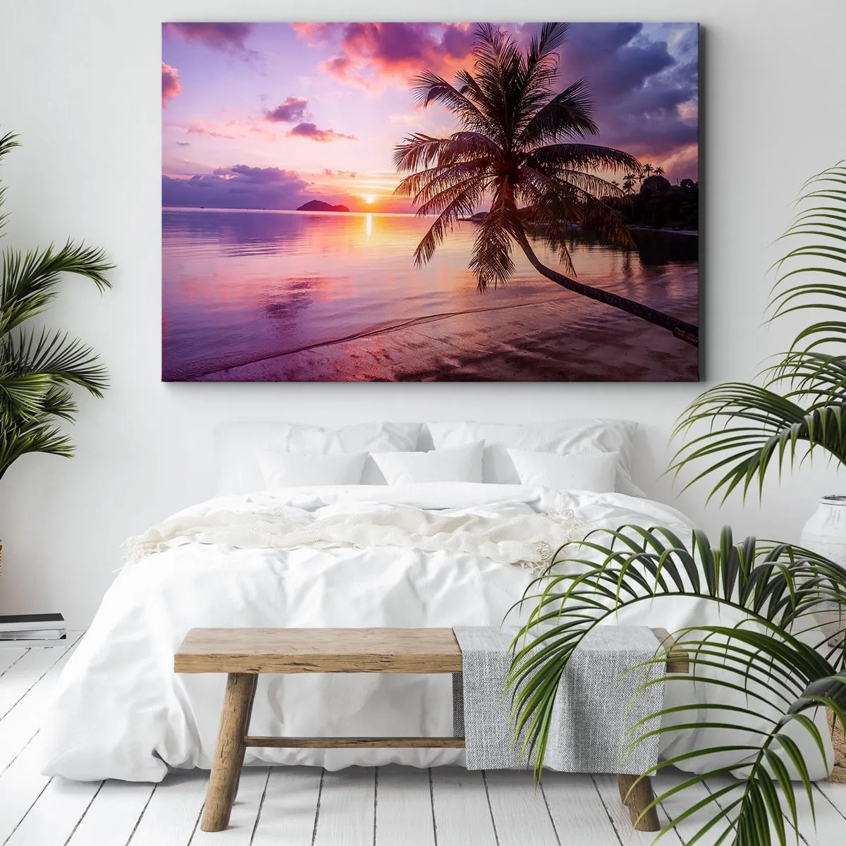 Impression sur toile - Image sur toile - Plage tropicale avec palmier au coucher du soleil - 70x50cm - Le bonheur à l'horizon - Décoration murale moderne pour le salon et la chambre ARTTOR