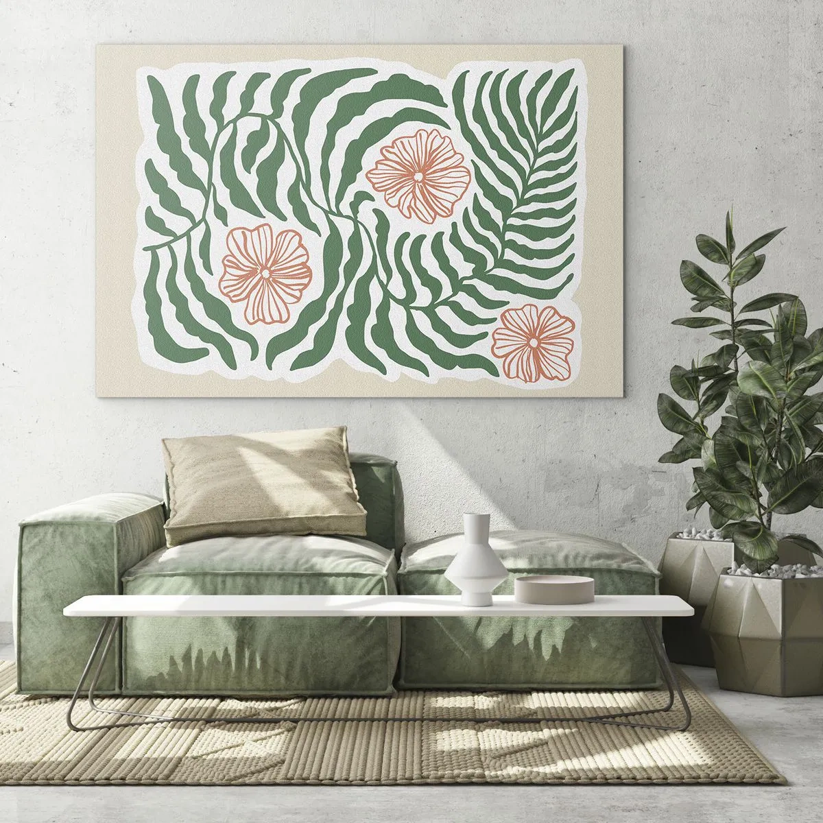 Impression sur verre - Image sur verre - Feuilles vertes et fleurs rouges dans un arrangement graphique - 70x50cm - Fleurit en vert - Décoration murale moderne pour le salon et la chambre ARTTOR
