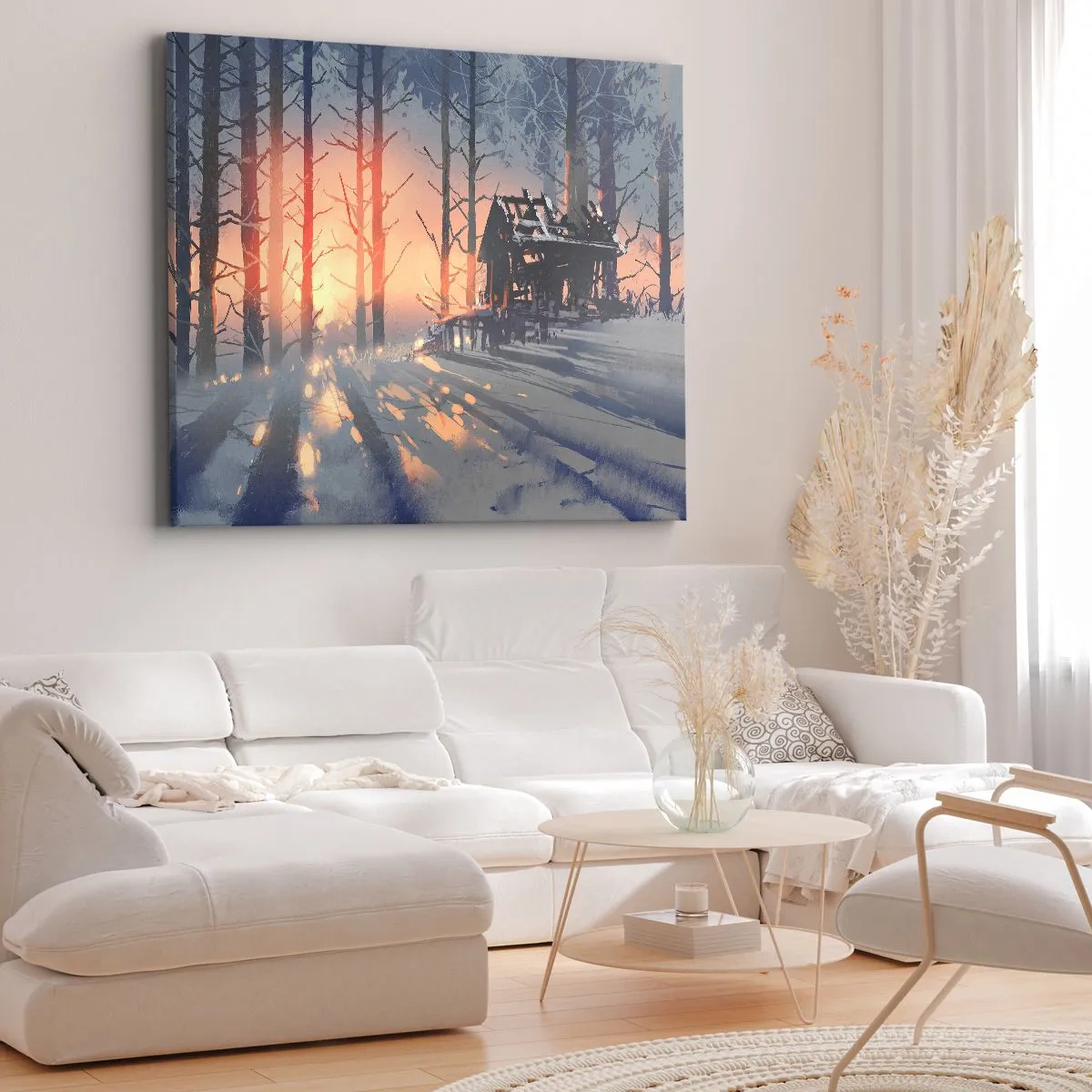 Impression sur toile - Image sur toile - Un chalet forestier dans un paysage hivernal avec les rayons du soleil couchant - 120x80cm - Seul le soleil regarde ici - Décoration murale moderne pour le salon et la chambre ARTTOR