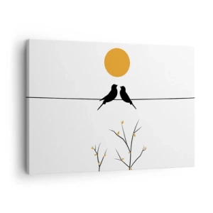 Impression sur toile - Image sur toile - Oiseaux sur une ligne avec un soleil jaune - 70x50cm - Soirée pour rossignols - Décoration murale moderne pour le salon et la chambre ARTTOR