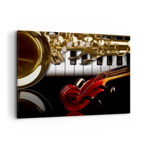 Impression sur toile - Image sur toile - Un saxophone doré, des touches de piano et un violon rouge - 100x70cm - Tôle, bois et ivoire - Décoration murale moderne pour le salon et la chambre ARTTOR
