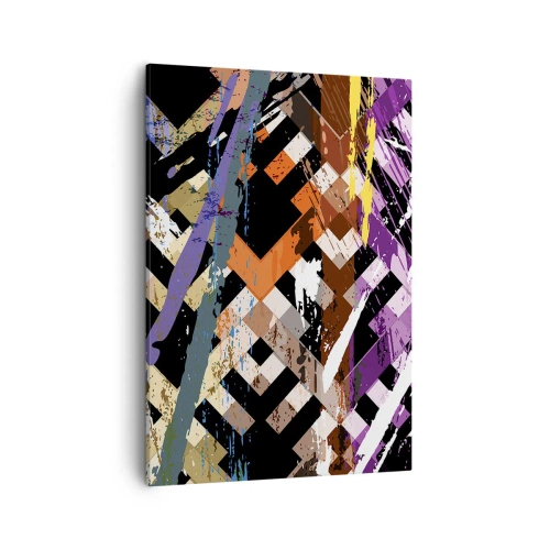 Impression sur toile - Image sur toile - Composition abstraite avec des lignes colorées sur fond noir - 50x70cm - Se mettre au carré - Décoration murale moderne pour le salon et la chambre ARTTOR