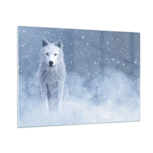 Impression sur verre - Image sur verre - Un loup blanc dans une tempête de neige regardant droit devant lui - 100x70cm - Dans une âme d'hiver - Décoration murale moderne pour le salon et la chambre ARTTOR