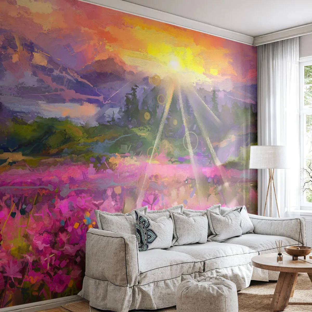Papier Peint Photo Premium Sand - Une prairie pittoresque au coucher du soleil - 100x70cm - Dans la vallée à l'abri du soleil - Décoration murale moderne pour le salon et la chambre ARTTOR
