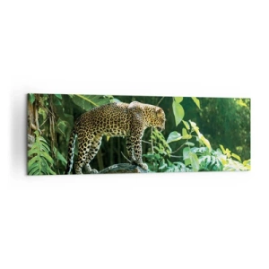 Impression sur toile - Image sur toile - Un léopard debout sur un rocher entouré de végétation tropicale - 160x50cm - À la chasse? - Décoration murale moderne pour le salon et la chambre ARTTOR