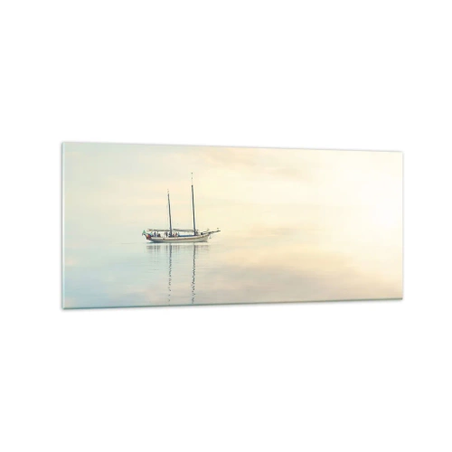 Impression sur verre - Image sur verre - Un bateau sur une mer calme dans une douce lumière - 120x50cm - Dans une mer de silence - Décoration murale moderne pour le salon et la chambre ARTTOR