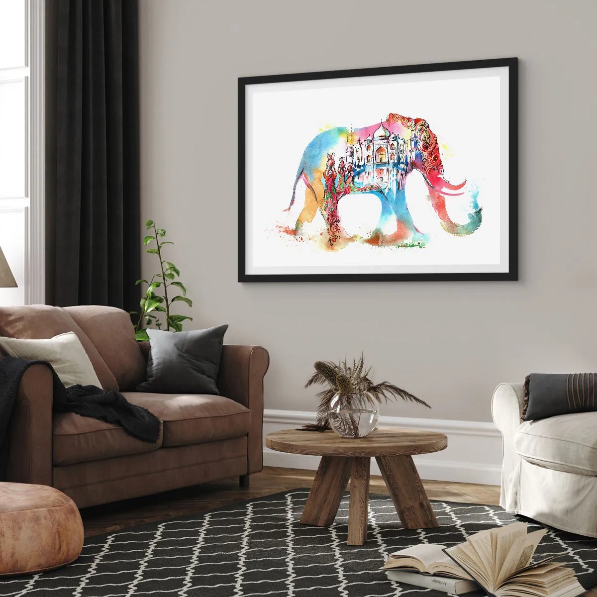 Affiche dans un cadre noir - Poster - Aquarelle colorée d'un éléphant avec un motif du Taj Mahal - 100x70cm - Inde - l'aura de l'amour - Décoration murale moderne pour le salon et la chambre ARTTOR